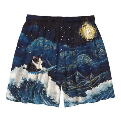 Tokyo-Tiger The Great Wave Off Cat Aloha Mens Swim Trunks
