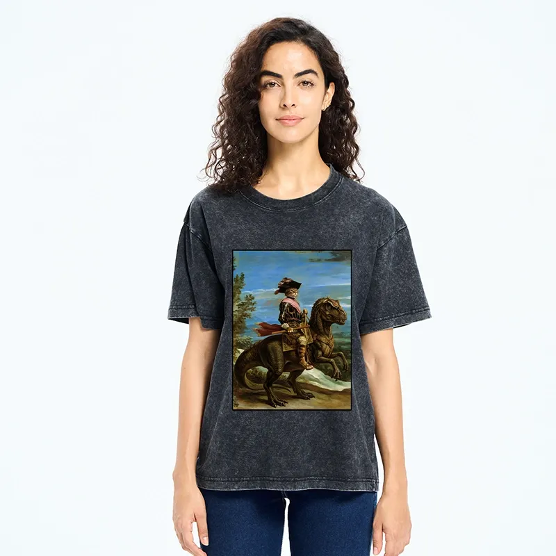 Tokyo-Tiger Fancy Cat Knight On Dinosaur Washed T-Shirt
