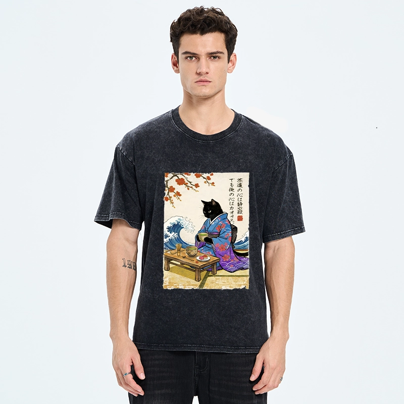 Tokyo-Tiger Black Cat Tea Ceremony Japan Washed T-Shirt