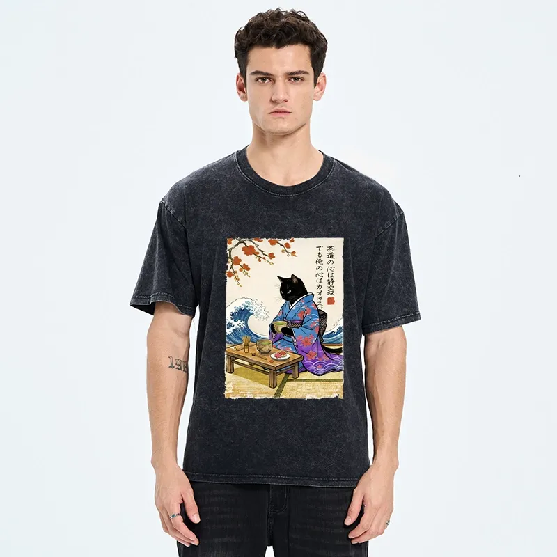 Tokyo-Tiger Black Cat Tea Ceremony Japan Washed T-Shirt