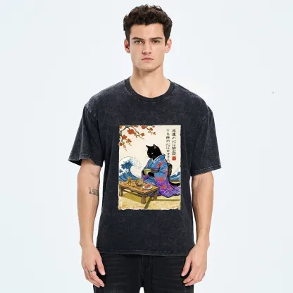 Tokyo-Tiger Black Cat Tea Ceremony Japan Washed T-Shirt