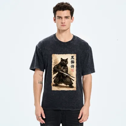 Tokyo-Tiger Black Cat Samurai Warrior Art Washed T-Shirt