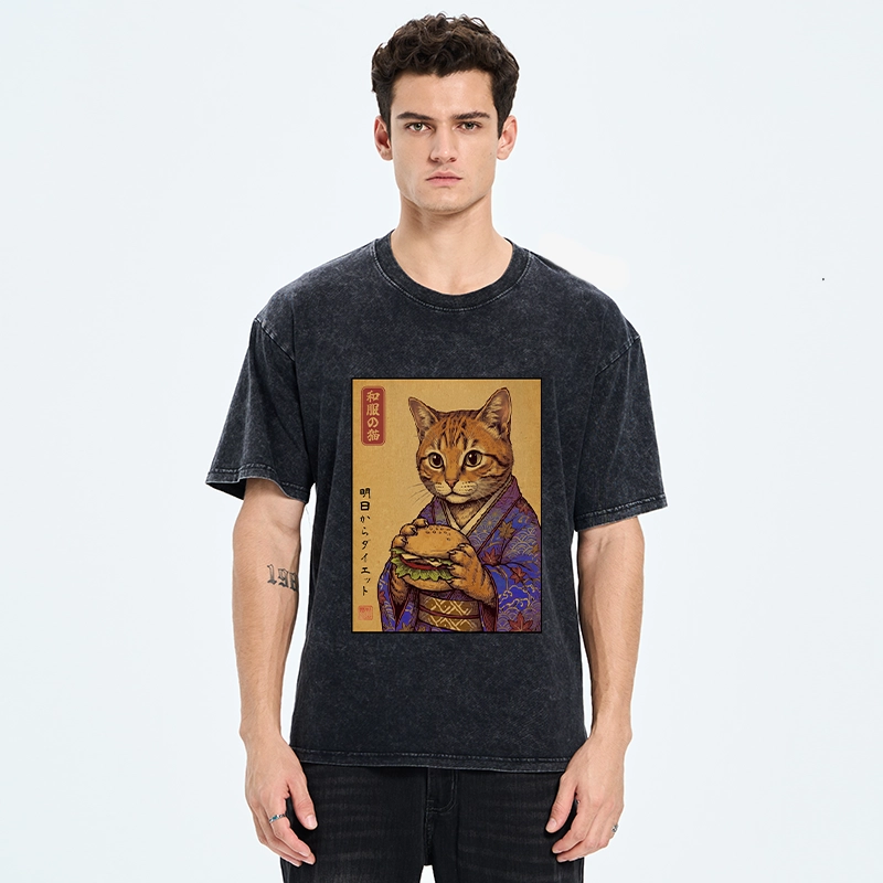 Tokyo-Tiger Kimono Cat Eating A Burger Washed T-Shirt