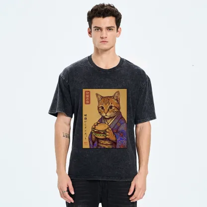 Tokyo-Tiger Kimono Cat Eating A Burger Washed T-Shirt