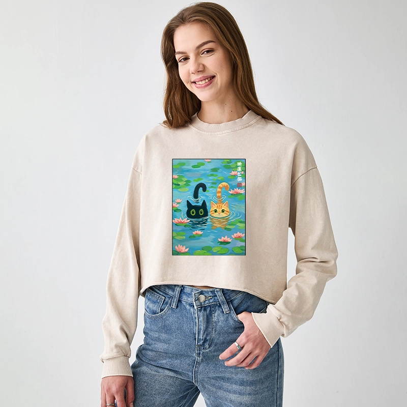 Tokyo-Tiger Cats In The Lotus Pond Washed Crop Sweatshirt