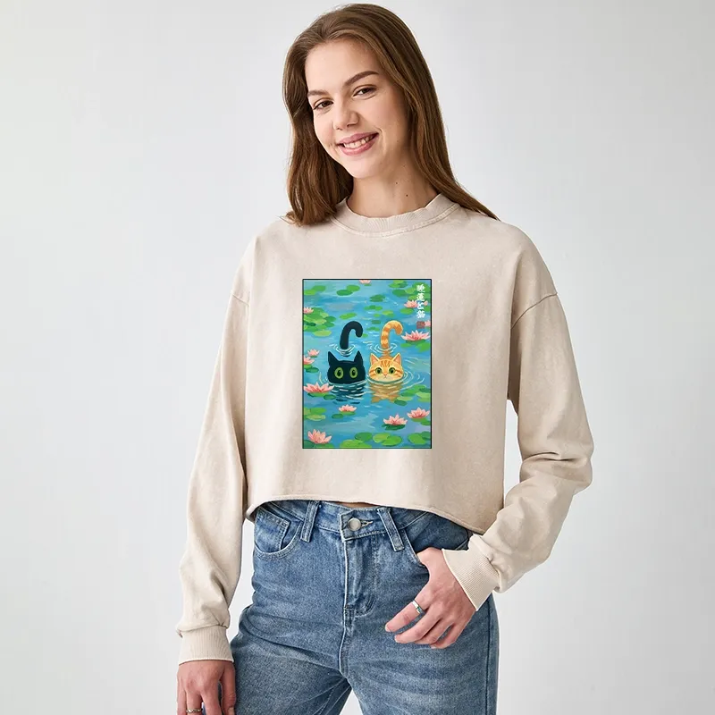 Tokyo-Tiger Cats In The Lotus Pond Washed Crop Sweatshirt