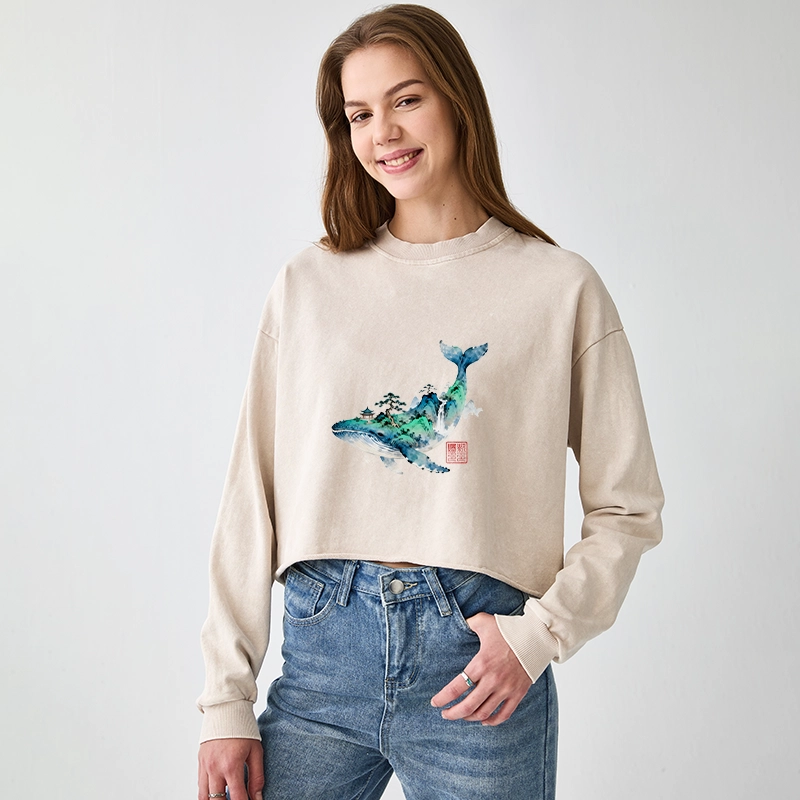 Tokyo-Tiger Whale Ink Painting Landscape Washed Crop Sweatshirt