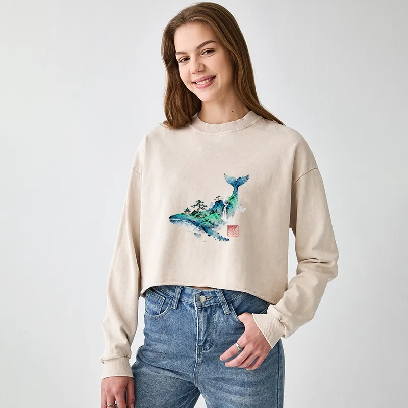 Tokyo-Tiger Whale Ink Painting Landscape Washed Crop Sweatshirt
