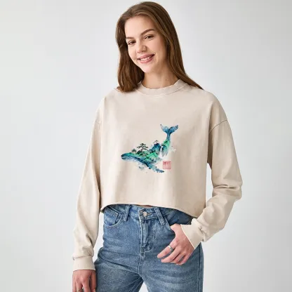 Tokyo-Tiger Whale Ink Painting Landscape Washed Crop Sweatshirt