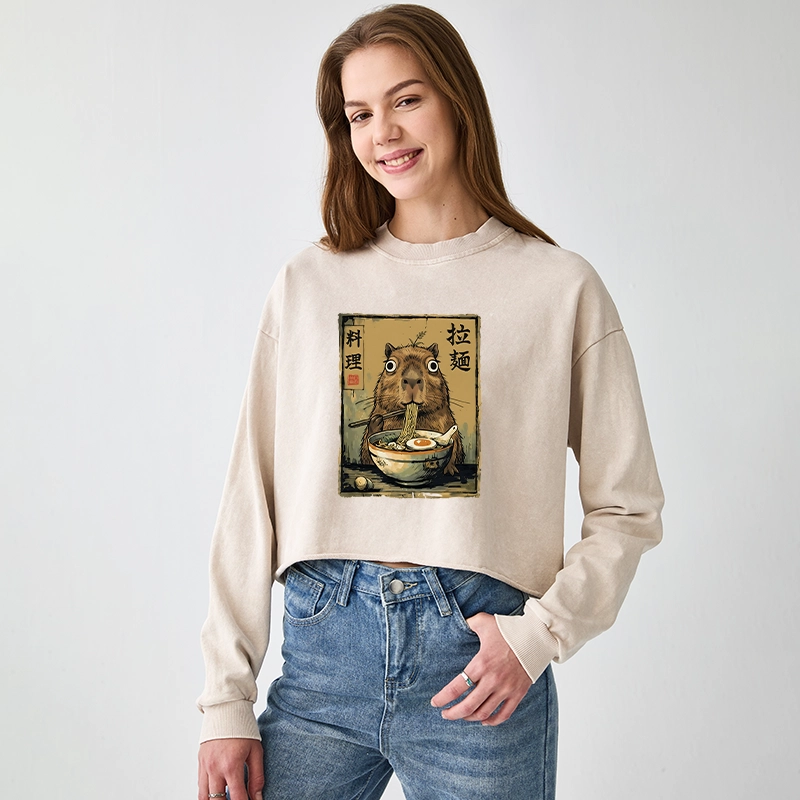 Tokyo-Tiger Cute Capybara Eating Ramen Washed Crop Sweatshirt