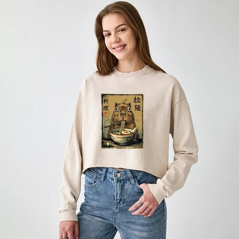 Tokyo-Tiger Cute Capybara Eating Ramen Washed Crop Sweatshirt