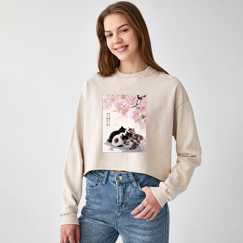 Tokyo-Tiger Cute Cats Sakura Garden Washed Crop Sweatshirt