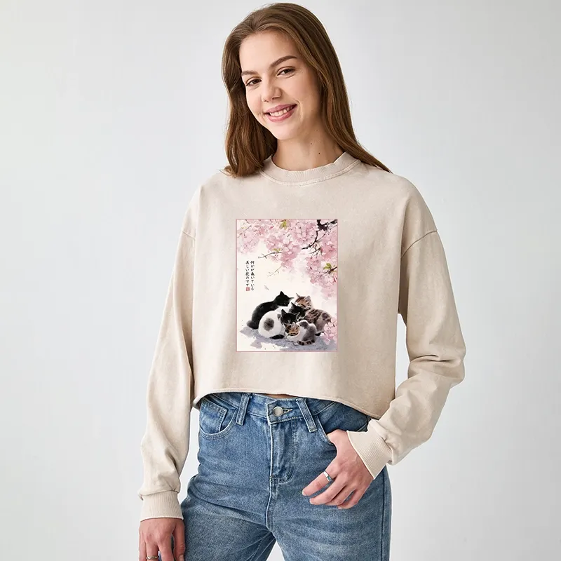 Tokyo-Tiger Cute Cats Sakura Garden Washed Crop Sweatshirt