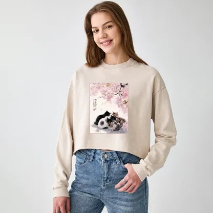 Tokyo-Tiger Cute Cats Sakura Garden Washed Crop Sweatshirt