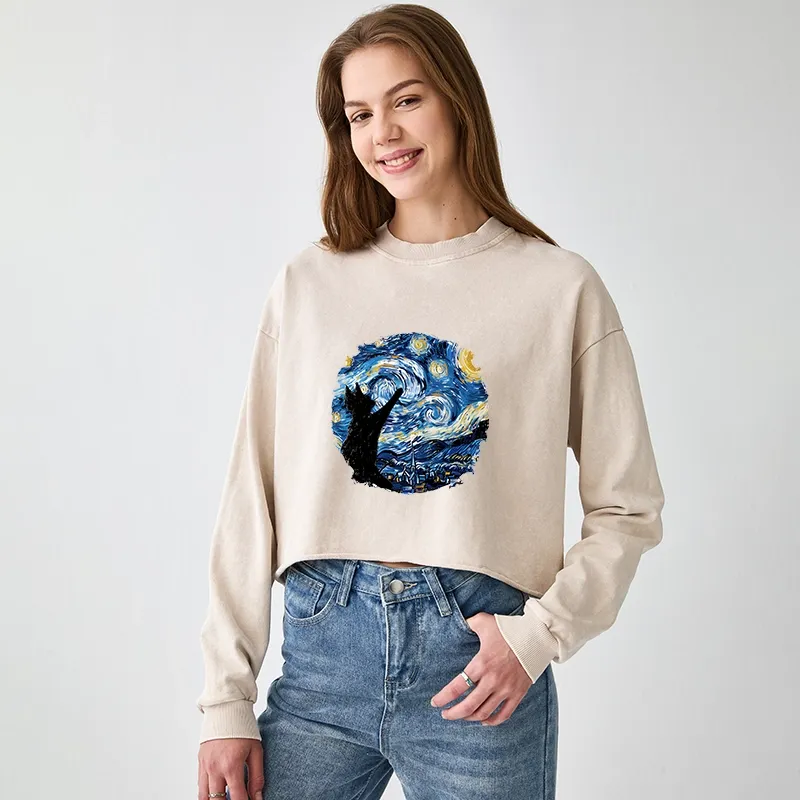 Tokyo-Tiger Starry Night Black Cat Washed Crop Sweatshirt