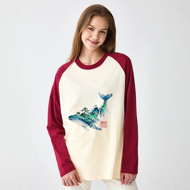 Tokyo-Tiger Whale Ink Painting Landscape Raglan Long Sleeve T-shirt