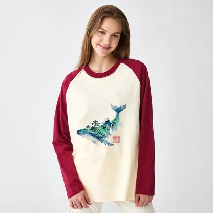 Tokyo-Tiger Whale Ink Painting Landscape Raglan Long Sleeve T-shirt