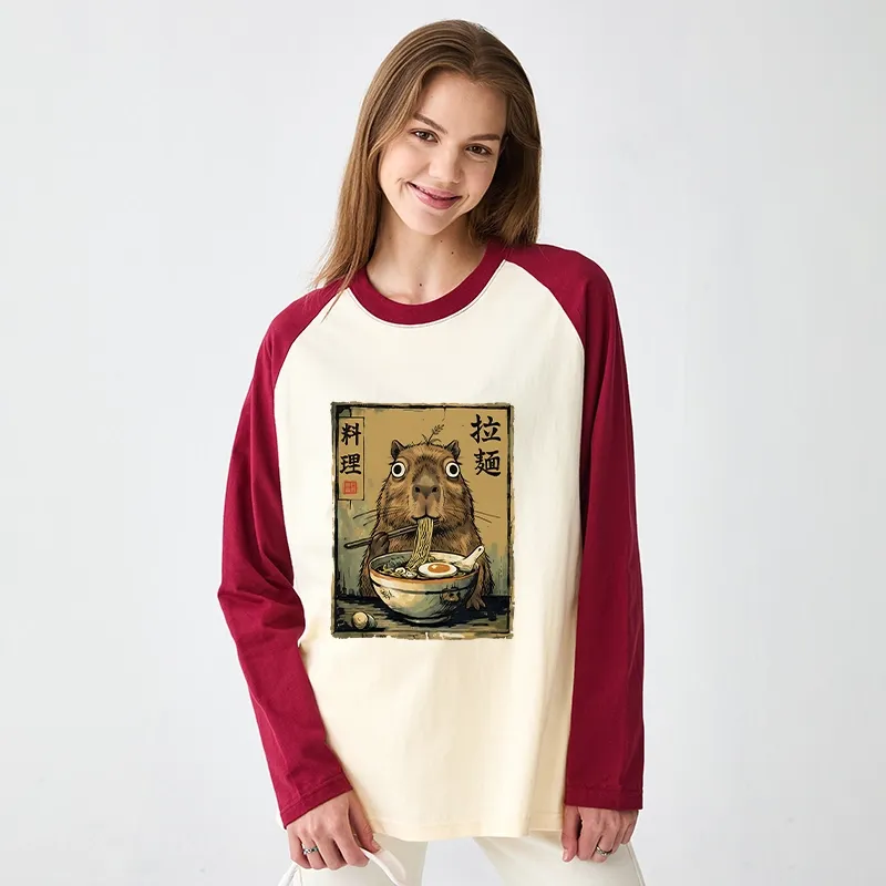 Tokyo-Tiger Cute Capybara Eating Ramen Raglan Long Sleeve T-shirt