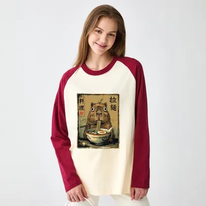 Tokyo-Tiger Cute Capybara Eating Ramen Raglan Long Sleeve T-shirt