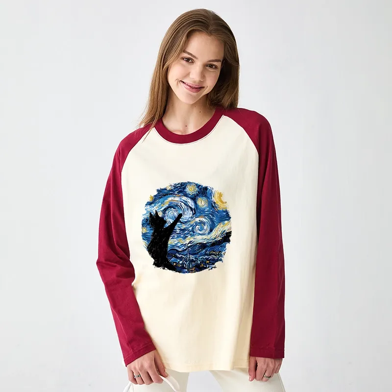 Tokyo-Tiger Starry Night Black Cat Raglan Long Sleeve T-shirt