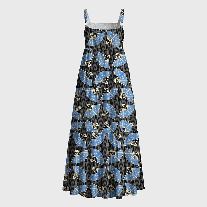 Tokyo-Tiger Folding Fans And Waves Maxi Dress