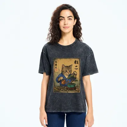 Tokyo-Tiger Cat Mastering Bonsai Art Washed T-Shirt