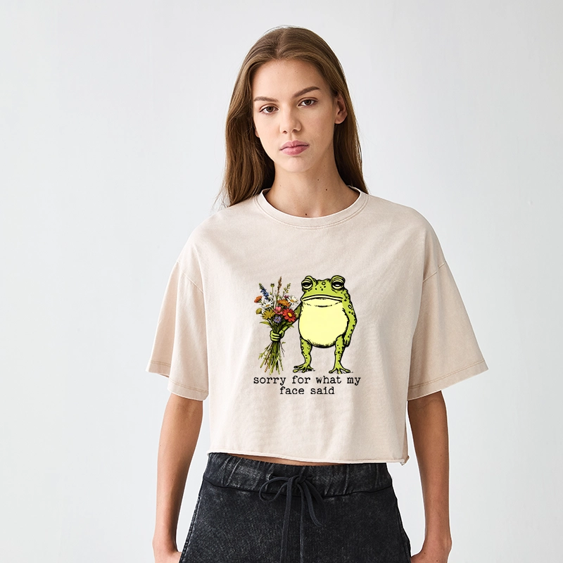 Tokyo-Tiger Frog Sorry Mode Activated Women's Washed Crop T-Shirt