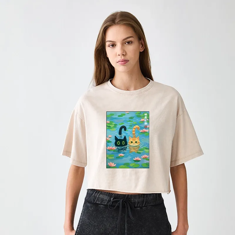 Tokyo-Tiger Cats In The Lotus Pond Women's Washed Crop T-Shirt