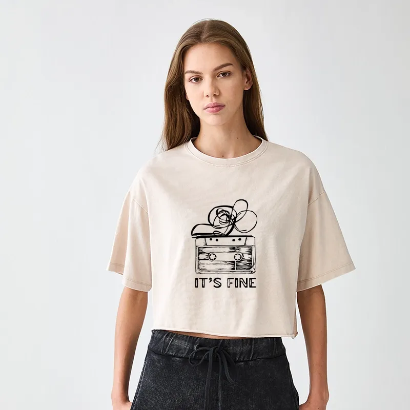 Tokyo-Tiger Cassette Fine Meme Women's Washed Crop T-Shirt