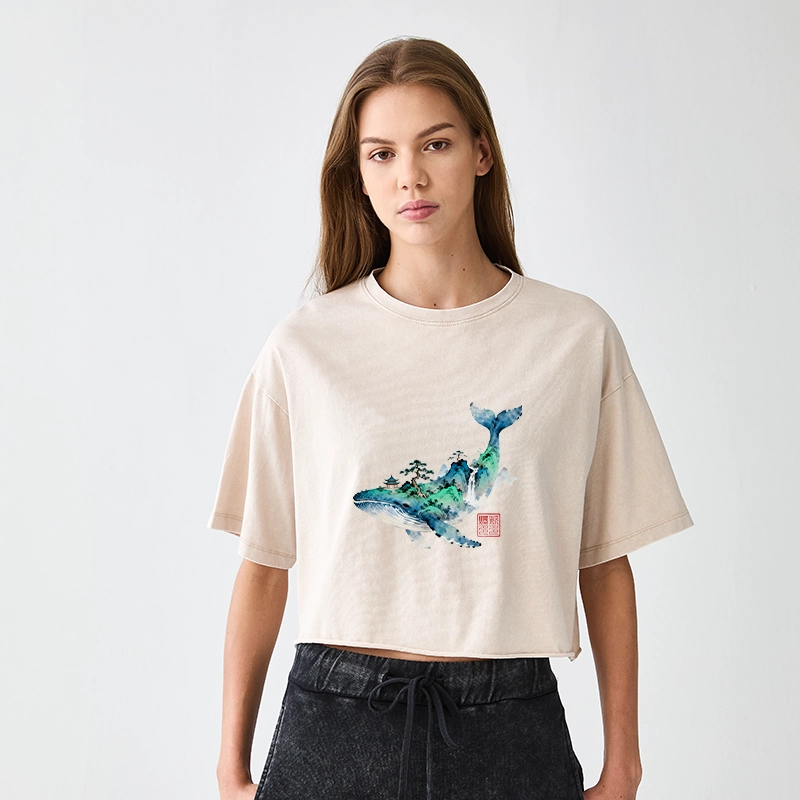 Tokyo-Tiger Whale Ink Painting Landscape Women's Washed Crop T-Shirt