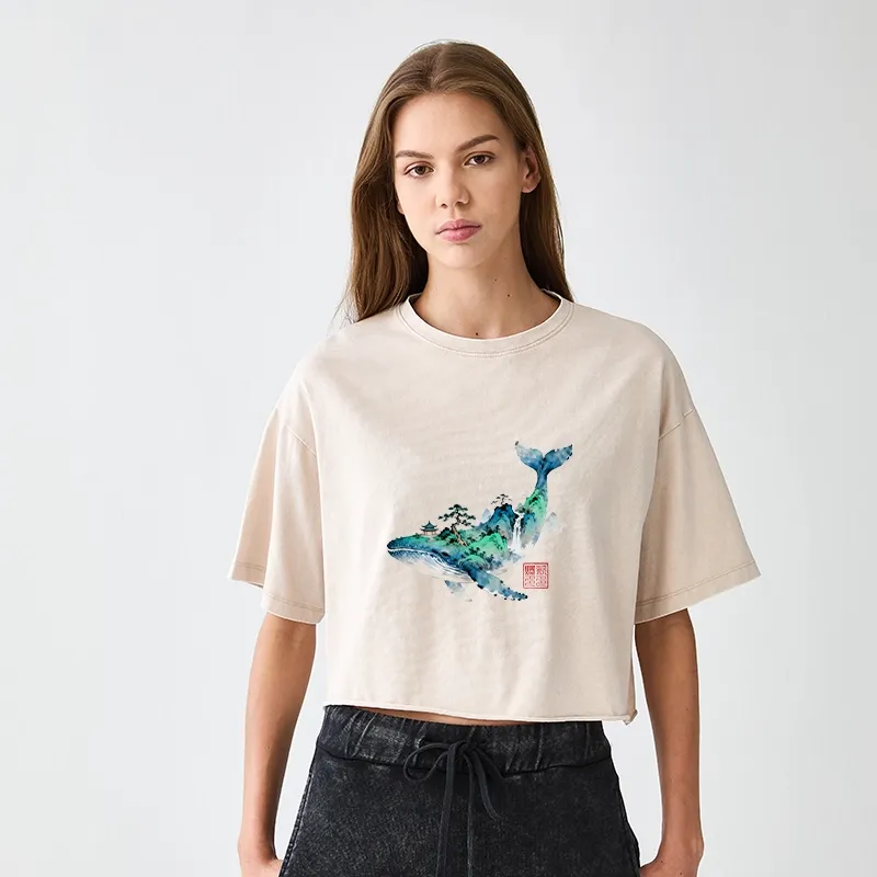 Tokyo-Tiger Whale Ink Painting Landscape Women's Washed Crop T-Shirt
