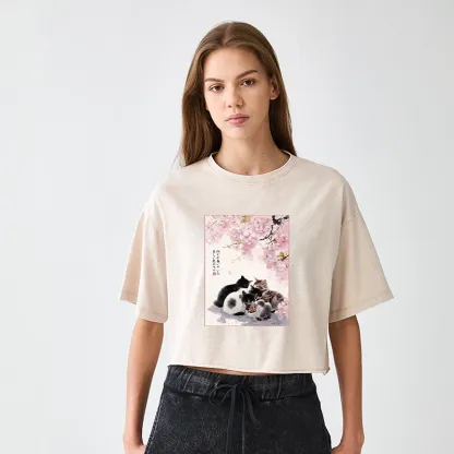 Tokyo-Tiger Cute Cats Sakura Garden Women's Washed Crop T-Shirt