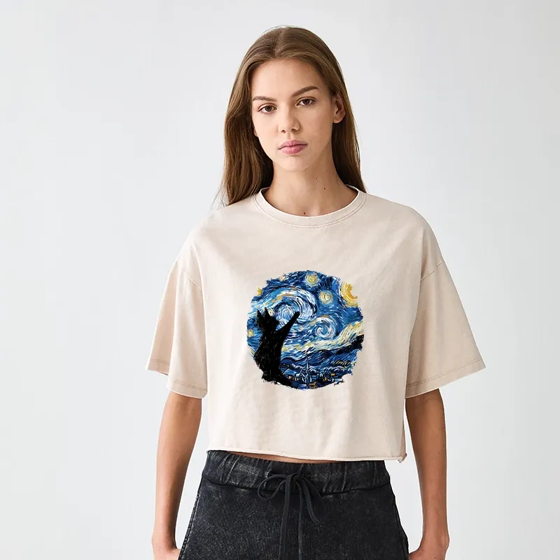 Tokyo-Tiger Starry Night Black Cat Women's Washed Crop T-Shirt