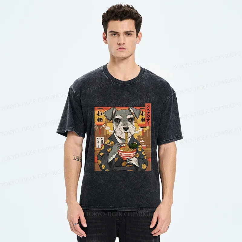Tokyo-Tiger Schnauzer Eating Ramen Washed T-Shirt