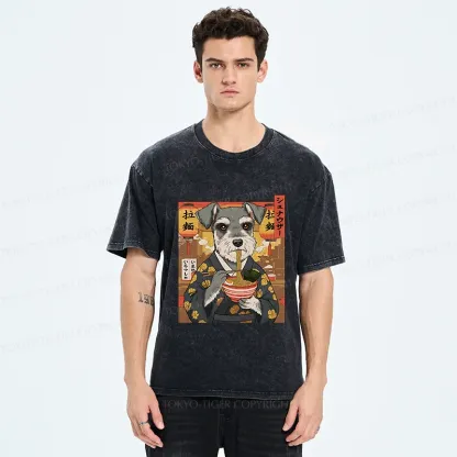 Tokyo-Tiger Schnauzer Eating Ramen Washed T-Shirt