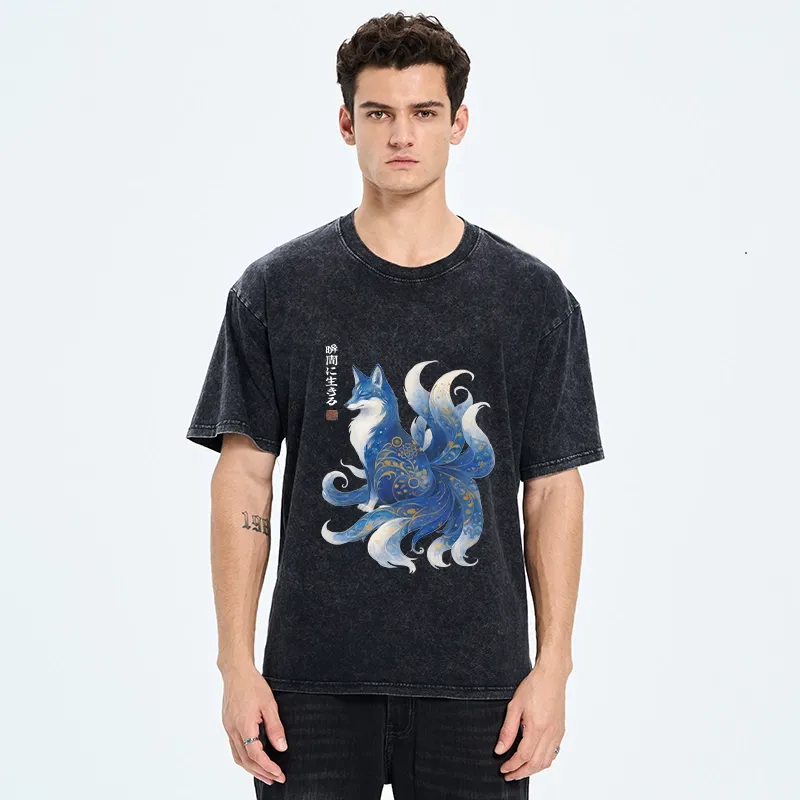 Tokyo-Tiger Serene Fox In Japanese Ink Style Washed T-Shirt