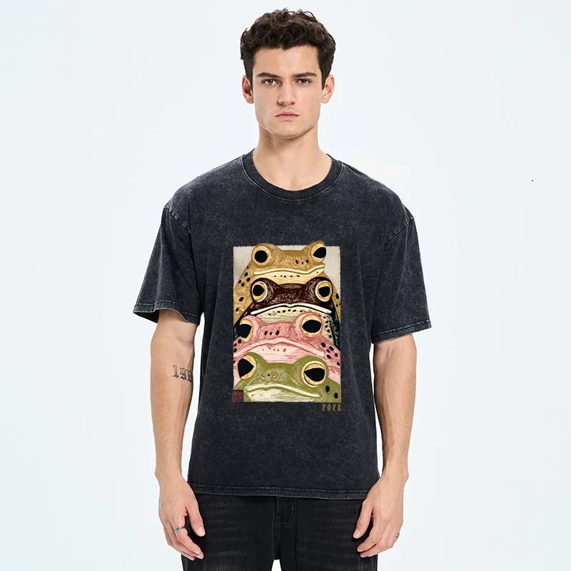 Tokyo-Tiger Whimsical Multi Colored Frog Art Washed T-Shirt