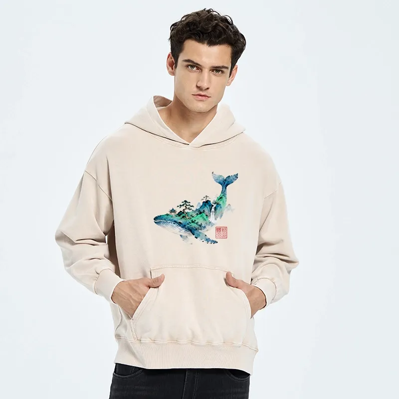 Tokyo-Tiger Whale Ink Painting Landscape Washed Hoodie