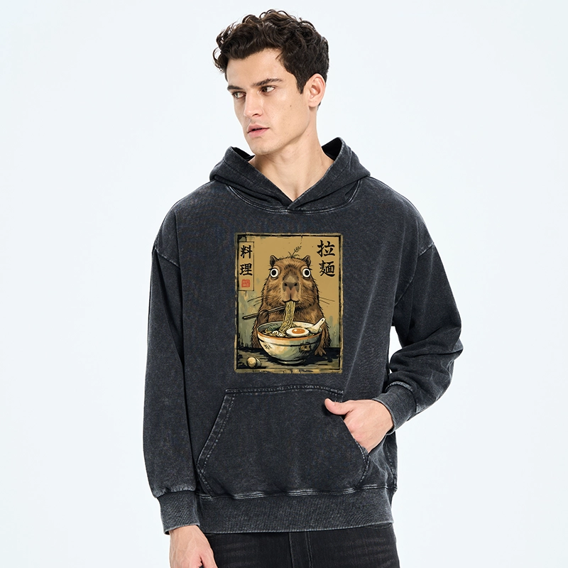 Tokyo-Tiger Cute Capybara Eating Ramen Washed Hoodie