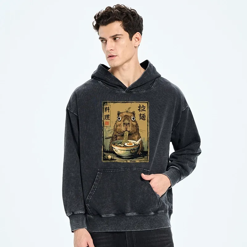 Tokyo-Tiger Cute Capybara Eating Ramen Washed Hoodie