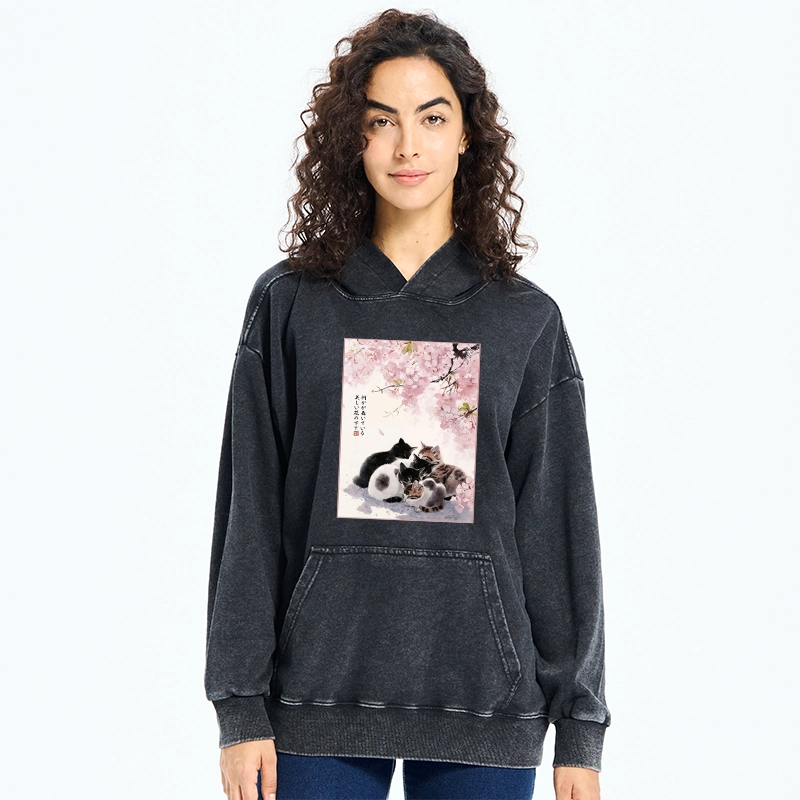 Tokyo-Tiger Cute Cats Sakura Garden Washed Hoodie
