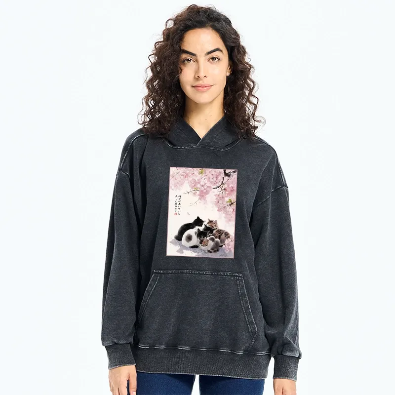 Tokyo-Tiger Cute Cats Sakura Garden Washed Hoodie