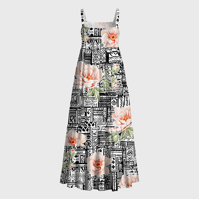Tokyo-Tiger Flowers In Line Art Maxi Dress