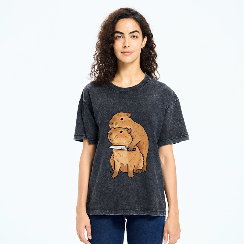 Tokyo-Tiger Capybara With Knife Funny Meme Washed T-Shirt
