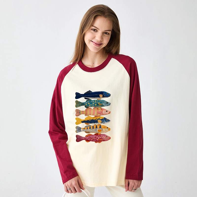 Tokyo-Tiger Colorful Fish Art Collection Raglan Long Sleeve T-shirt