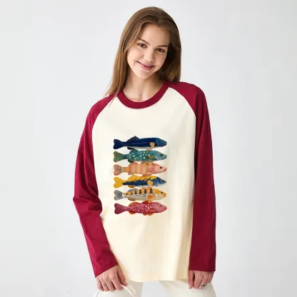 Tokyo-Tiger Colorful Fish Art Collection Raglan Long Sleeve T-shirt