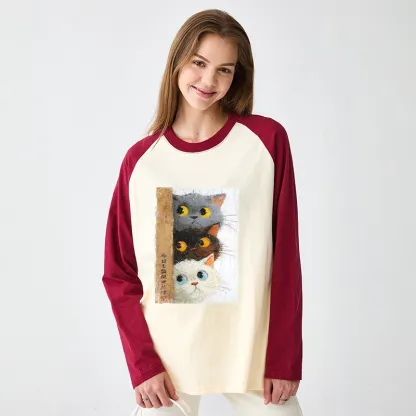 Tokyo-Tiger Three Cute Cats Watch You Raglan Long Sleeve T-shirt