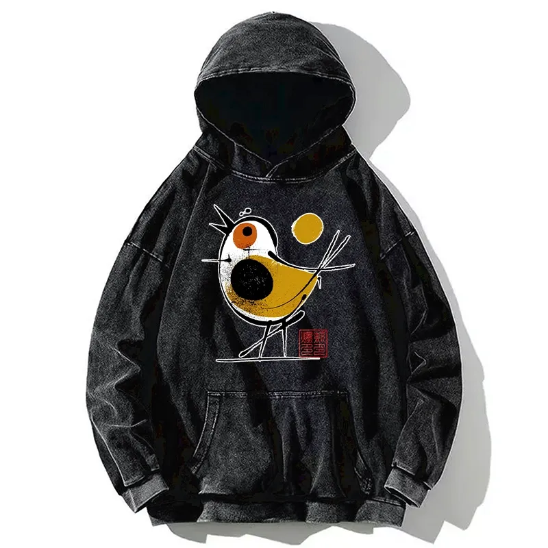 Tokyo-Tiger Aesthetic Yellow And Black Bird Washed Hoodie