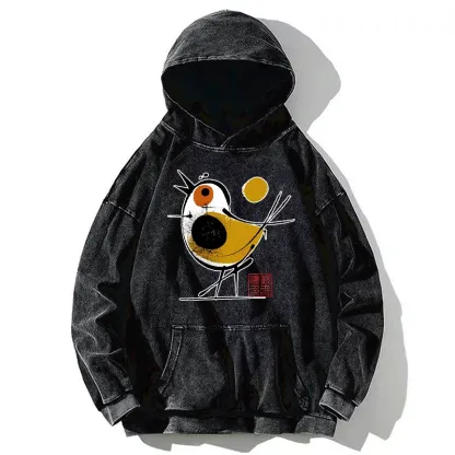 Tokyo-Tiger Aesthetic Yellow And Black Bird Washed Hoodie