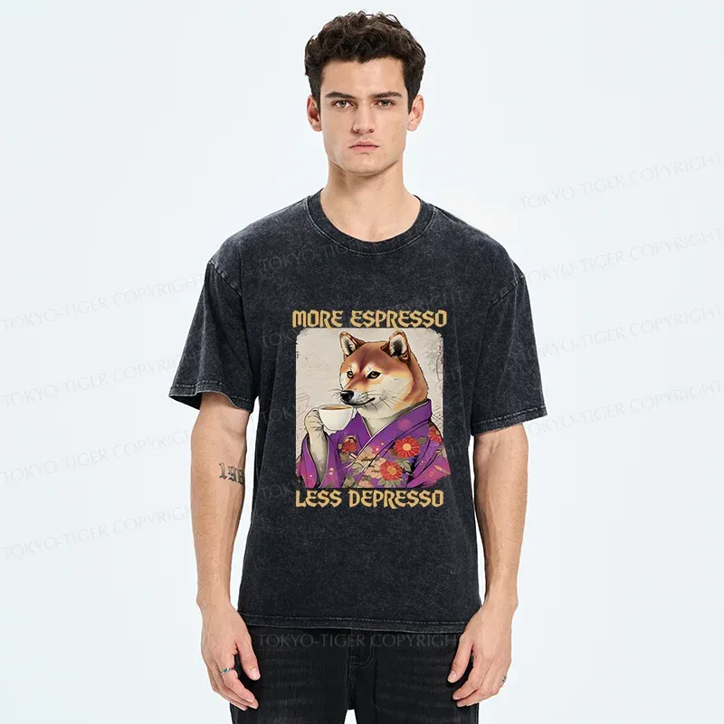 Tokyo-Tiger Shiba Inu Drinking Coffee Washed T-Shirt